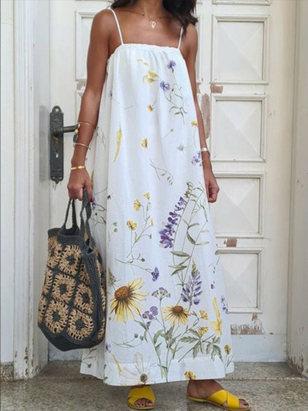 

Holiday Loosen Spaghetti Floral Short Sleeve Printed Dress, White, Maxi Dresses