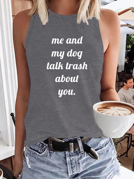 

My Dog Casual Crew Neck Letter Knit Tank, Gray, Tank Tops