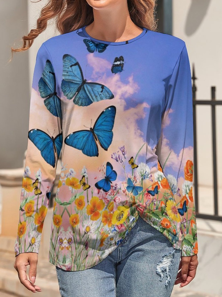 

Butterfly Floral Print Vintage Knotted Tie Button-Side Top, As picture, Long sleeves