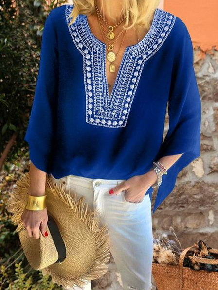 

Vacation Tribal V Neck Short Sleeve Tops, Blue, Shirts & Blouses