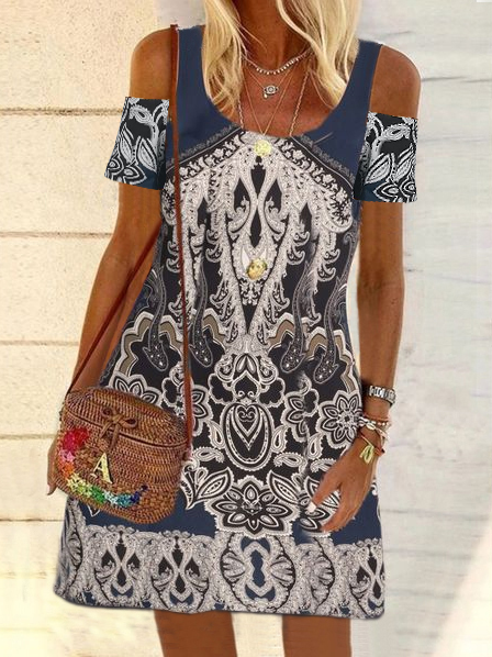 

Casual U-Neck Tribal Short Sleeve Knit Dress, Dark blue, Dresses