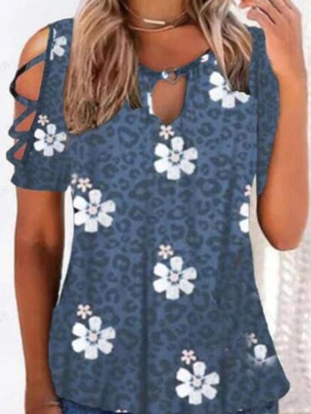 

Polka Dots Keyhole Regular Fit Short Sleeve T-Shirt, Blue, T-shirts