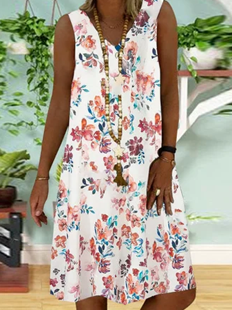 

Loosen Floral V Neck Short Sleeve Woven Dress, Multicolor, Mini Dresses