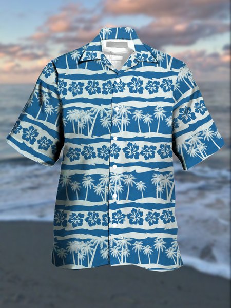 

Men's Hawaiian Print Lapel Loose Chest Pocket Short Sleeve Fashion Aloha Shirt, Blue, Men's Floral shirt
