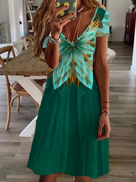 V Neck Loosen Short Sleeve Knit Dress, Green, Mini Dresses