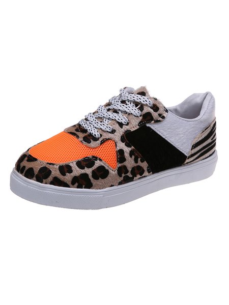 

Leopard-Painted Neon Orange Contrast Lace-Up Sneakers, Athletic & Casual Shoes
