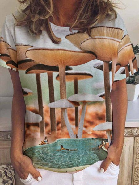 

Fun Mushroom Vintage Print Short Sleeve T-Shirt, As picture, T-shirts