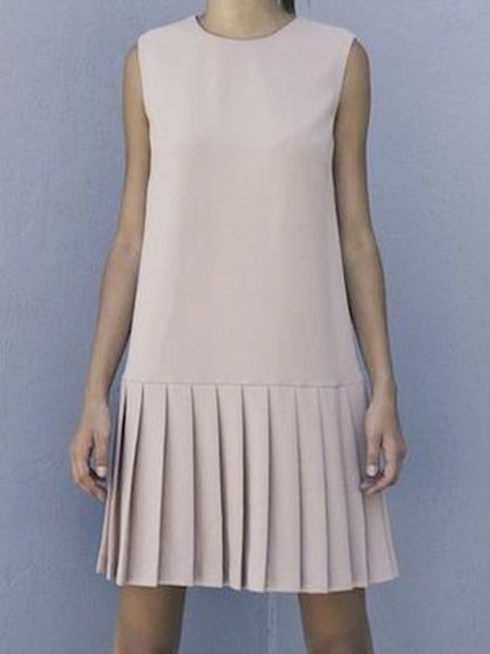 

Solid Sleeveless Pleated Crew Neck Dress, As picture, Mini Dresses