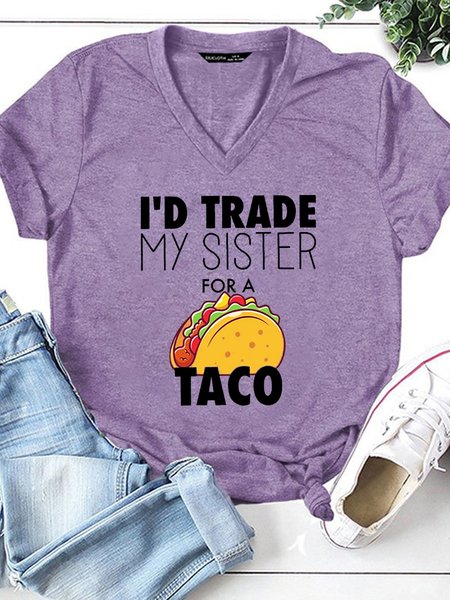 

I'd Trade My Sister for A Tacos Letter Short Sleeve T-Shirt, Purple, T-shirts