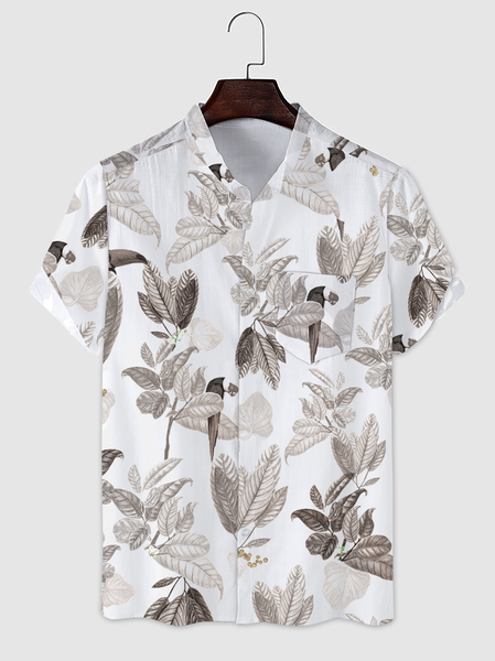 

Cotton and Linen Botanical Floral Parrot Bird Print Linen Shirt, As picture, Men's Floral shirt