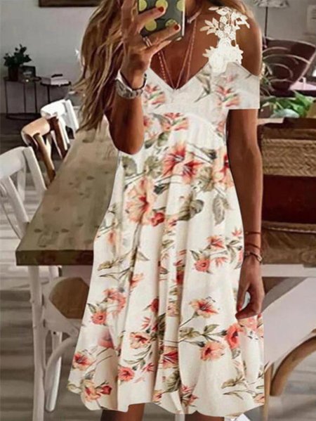 

Loosen Vacation Short Sleeve Knit Dress, Beige, Mini Dresses