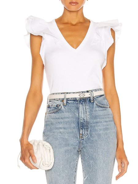 

Frill Sleeve V Neck Simple Short Sleeve Top, White, Tops