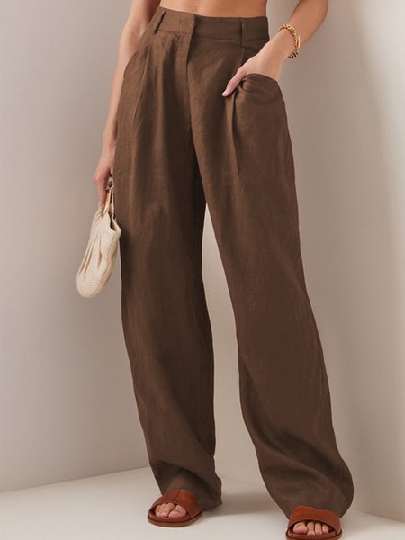 

Daily Casual Solid Pockets Straight Leg Pants, Brown, Wide Leg Pants