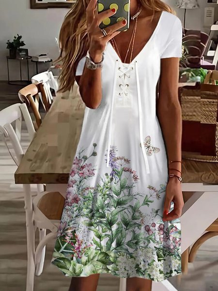

Floral Regular Fit V Neck Short Sleeve Knit Dress, White, Dresses