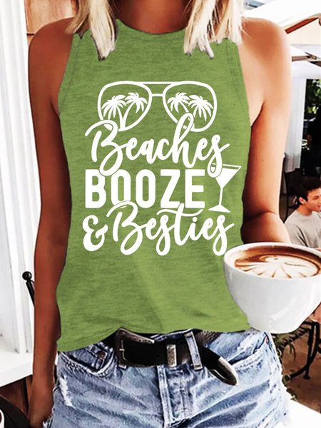 

Funny Summer Girls Vacation Beaches Booze Besties Cotton Blends Vintage Knit Tank, Green, Tank Tops