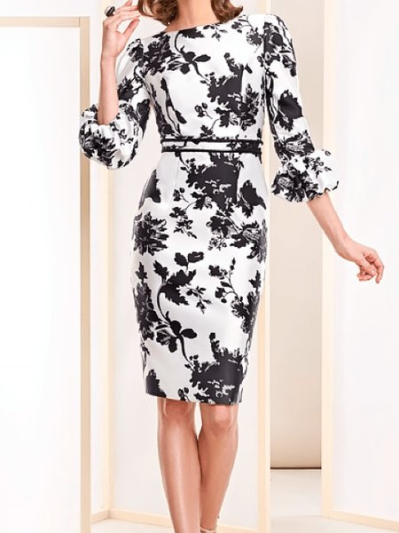 

Summer Non-Stretch Lightweight Crew Neck Elegant Short Sleeve Woven Dress, White, Midi Dresses