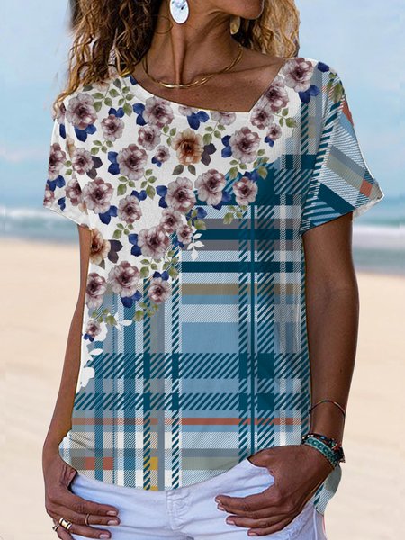 

Asymmetrical Neck Regular Fit Checked/Plaid Short Sleeve T-Shirt, Multicolor, T-Shirts