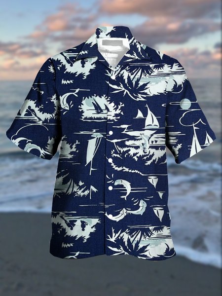 

Men's Hawaiian Print Lapel Loose Chest Pocket Short Sleeve Fashion Aloha Shirt, Blue, Men's Floral shirt