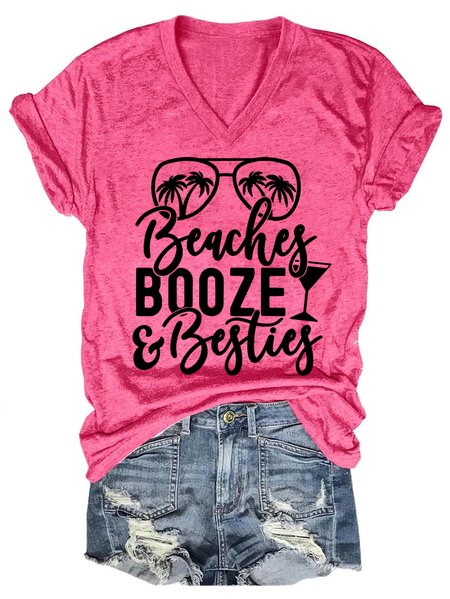 

Funny Summer Girls Vacation Beaches Booze Besties Casual Short Sleeve T-Shirt, Pink, T-shirts