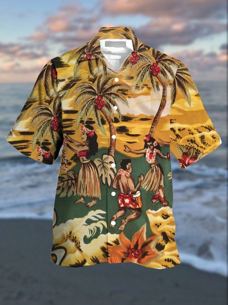 

Men's Hawaiian Print Lapel Loose Chest Pocket Short Sleeve Fashion Aloha Shirt, Yellow, Men's Floral shirt