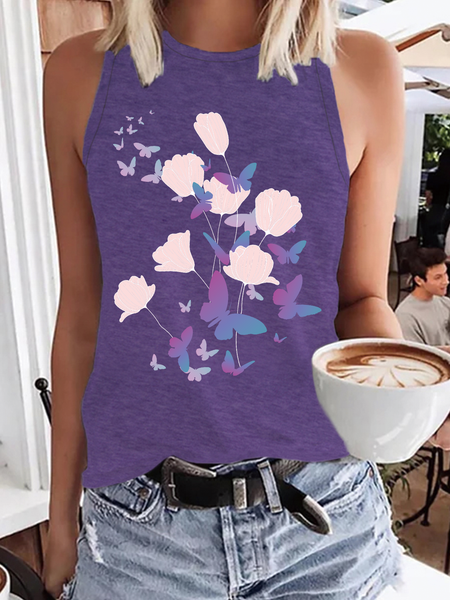 

Butterfly Floral Crew Neck Animal Cotton Blends Knit Tank, Purple, Tank Tops