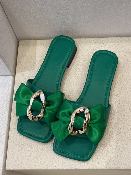 

Bow Metal Buckle Square Toe Slippers, Green, Sandals