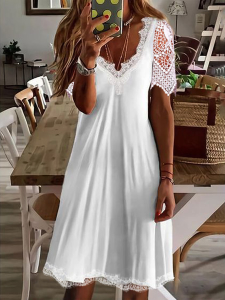 V Neck Basics Short Sleeve Lace Panel Knit Dress, White, Dresses