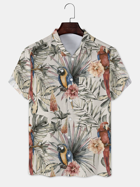 

Cotton and Linen Botanical Floral Parrot Bird Print Linen Shirt, As picture, Shirts ＆ Blouse