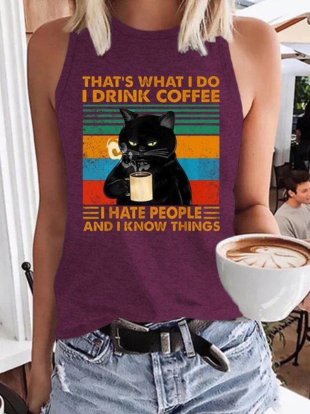 

That's What I Do I Drink Coffee I Hate People And I Know Things Black Cat Knit Tank, Wine red, Tank Tops