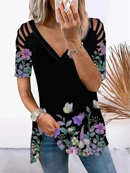 

Floral Cotton V Neck Short Sleeve Tops, Black, T-Shirts