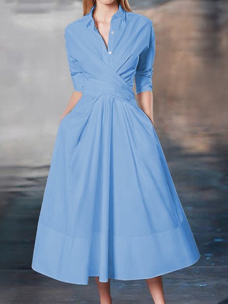 

Shirt Collar Regular Fit Elegant Solid Dress, Blue, Midi Dresses