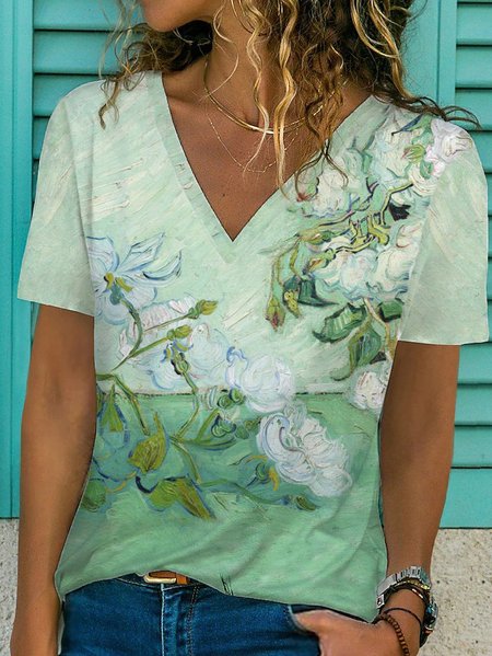 

V Neck Floral Short Sleeve T-Shirt, Green, T-Shirts