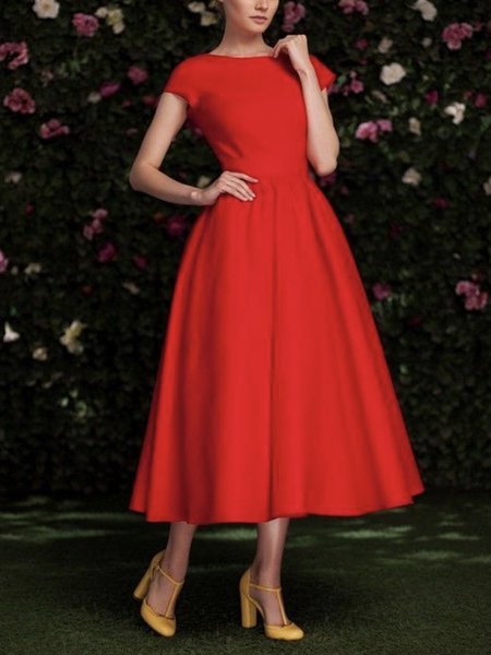 

Elegant Solid Crew Neck Cap Sleeve Swing Midi Dress, Red, Maxi Dresses