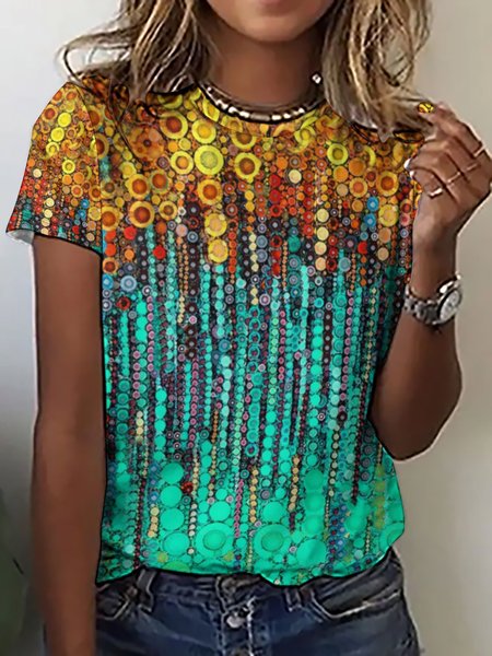 

Casual Abstract Gradient Print Crew Neck T-Shirt, As picture, T-shirts
