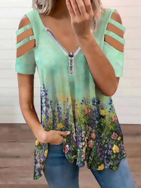 

Casual Simple Gradient Floral Print V-Neck Top, As picture, Blouses