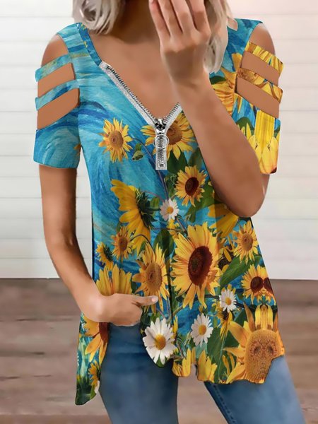 

Oil Painting Vintage Sunflower Floral Print Top, As picture, Blouses