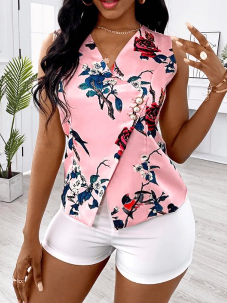 

Summer Lightweight V Neck Elegant Floral Short Sleeve Daily Tops, Pink, Tunics