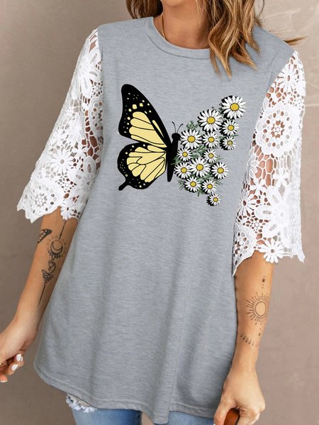 

Crew Neck Floral Printed Short Sleeve Tops, Gray, Tunics