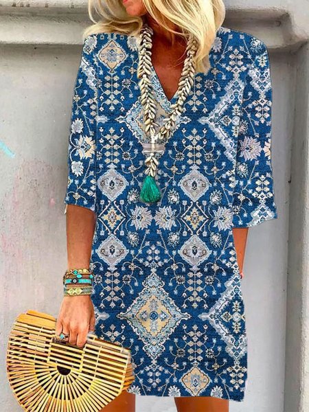 

Regular Fit Tribal Pattern V Neck Short Sleeve Woven Dress, Purplish blue, Mini Dresses