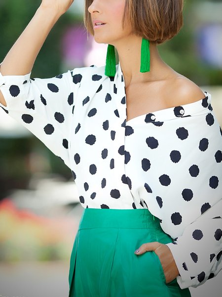 

Casual Crew Neck Long Sleeve Polka Dots Top, White, Blouses and Shirts