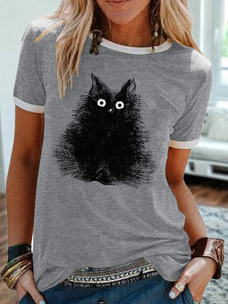 

Cat Drawing Print Casual Short Sleeve T-Shirt, Gray, T-shirts