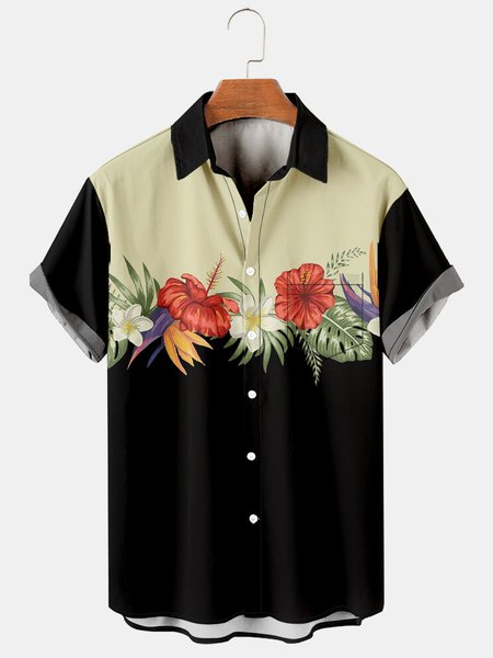 

Hibiscus Graphic Men's Casual Hawaiian Short Sleeve Chest Pocket Shirt, Black, Men's Floral shirt