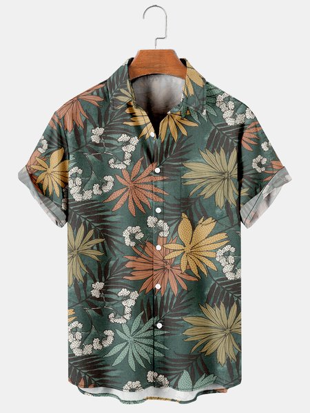 

Men's Vintage Botanical Print Casual Breathable Hawaiian Short Sleeve Shirt, Green, Men's Floral shirt