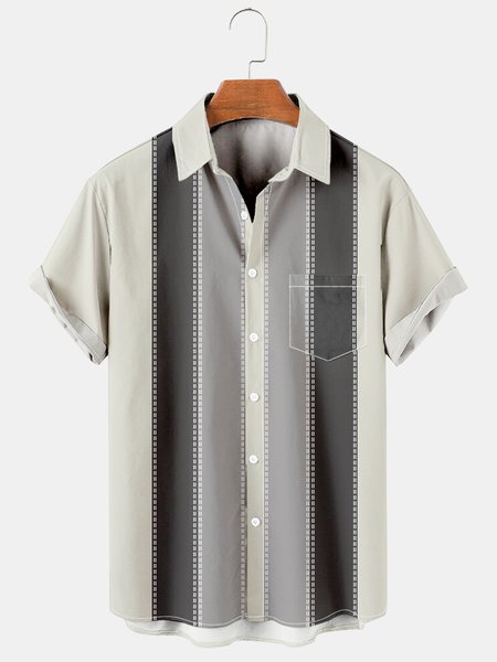 

Mens Basic Stripes Print Lapel Chest Pocket Short Sleeve Bowling Shirts, Gray, Men's Floral shirt