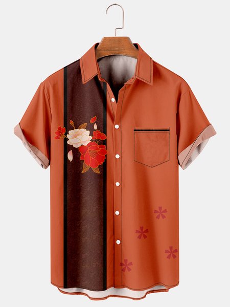 

Vintage Floral Graphic Men's Casual Chest Pocket Short Sleeve Shirt, Orange, Men's Floral shirt