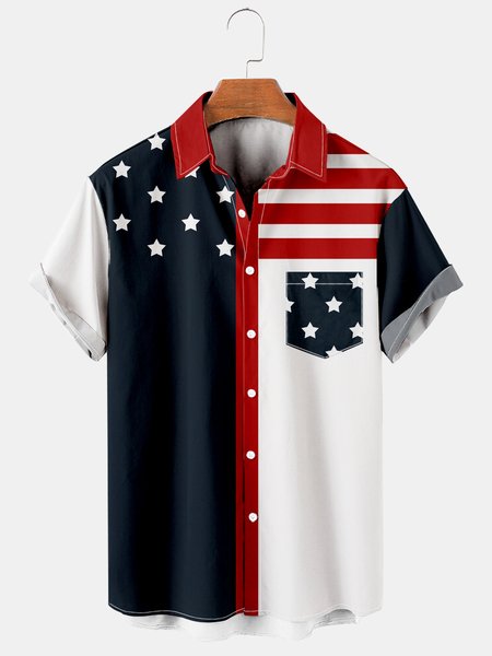 

Mens American Flag Print Lapel Loose Chest Pocket Short Sleeve Funky Hawaiian Shirts, White, Men's Floral shirt