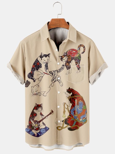 

Mens Retro Graphic Casual Chest Pocket Short Sleeve Shirt, Light yellow, Men's Floral shirt