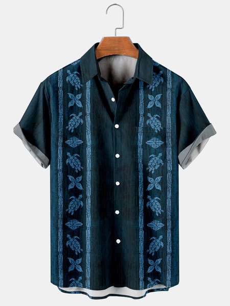 

Men's Hawaiian Print Lapel Loose Chest Pocket Short Sleeve Fashion Aloha Shirt, Black, Men's Floral shirt