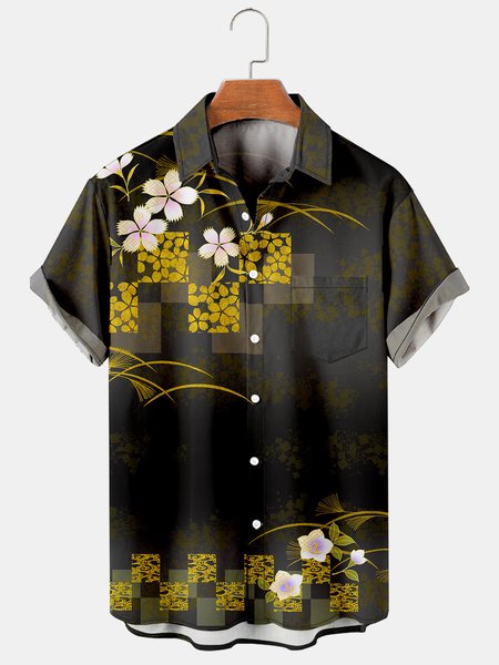 

Retro Sakura Graphic Men's Casual Short Sleeve Chest Pocket Shirt, Black, Men's Floral shirt