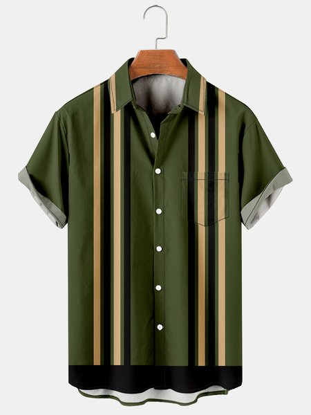 

Mens Stripes Print Lapel Chest Pocket Short Sleeve Bowling Shirts, Green, Men's Floral shirt